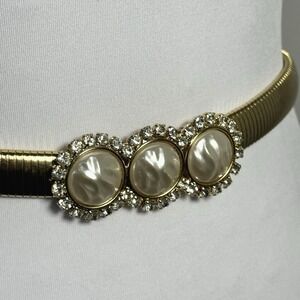 Vintage Gold Stretch Belt Baroque Faux‎ Pearl Rhinestone Cinch Waist 80s Glam S